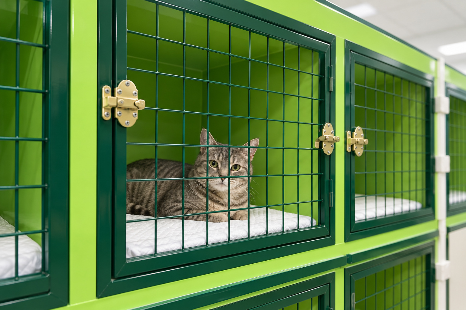 Кошка в зеленом стационарном боксе клиники